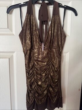 Brown Metallic Ruched Halter Top